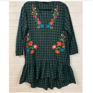 High Low Mini Dress Green Plaid Floral Embroidered